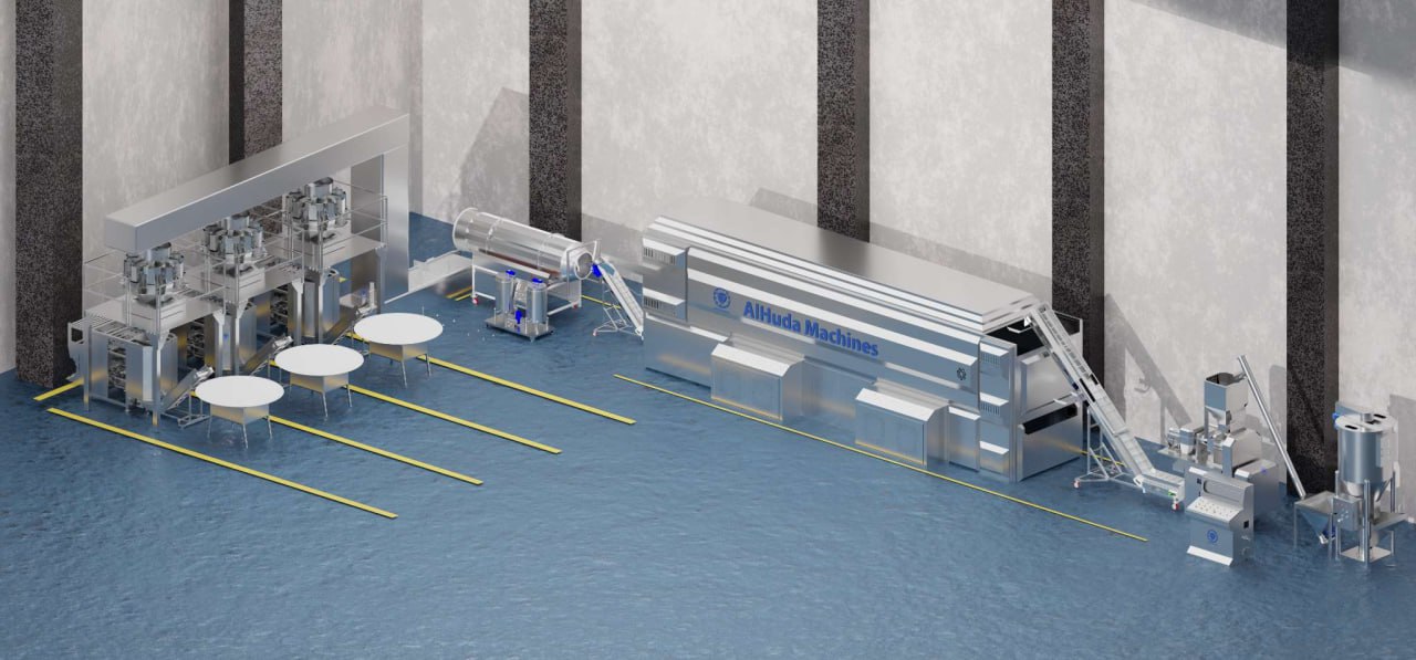 خط انتاج شيبس الذرة أتمتيك بالكامل يشمل ثلاث الات تعبئة وتغليف نظام وزني طاقة انتاجية 200 kg